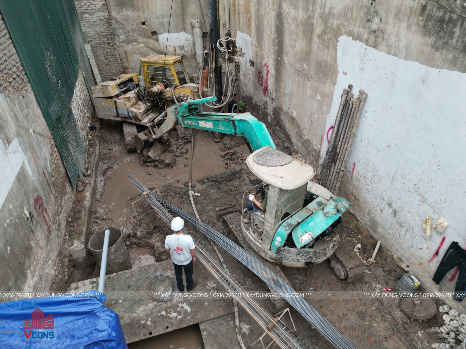 Thi công cọc khoan nhồi nhà 7 tầng 1 bán hầm tại Hà Nội – Giải pháp nền móng vững chắc từ VCONS